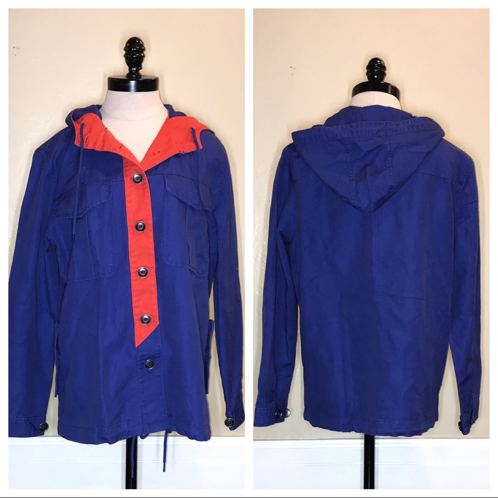 J Crew Linen Cotton Spring Hooded Coat Blue Medium